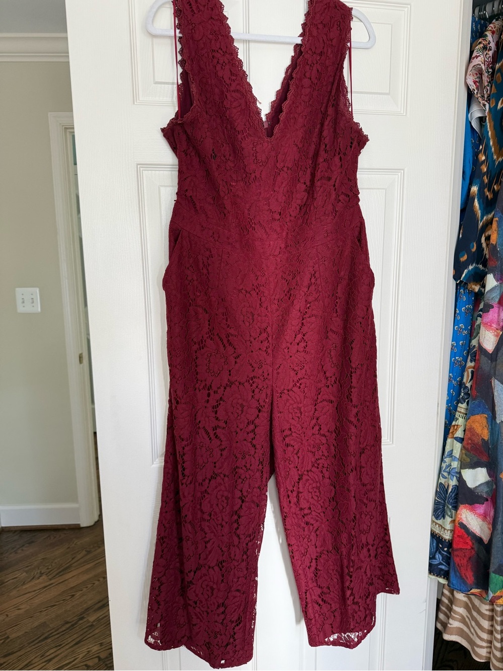Greylin Wine Lace V-Neck Jumpsuit